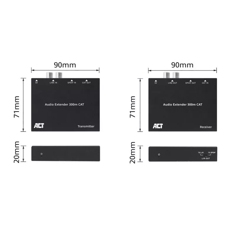Audio otsepikenduskomplekt ACT AC7710 — digitaalne/analoog üle Cat5e/Cat6 koos DAC-iga, TOSLINK I/O, kuni 300 m, 5 V USB-toide