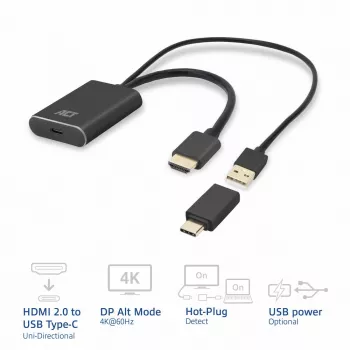 ACT HDMI USB USB-C emasesse adapterisse, 4K@60Hz. Kaabli pikkus: 0,25 m, Pistik 1: USB USB-C, Pistik 2: HDMI + USB. Kogus pakendis: 1 tk