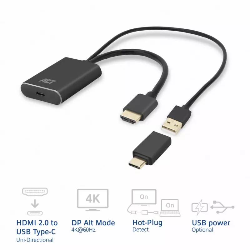 ACT HDMI USB USB-C emasesse adapterisse, 4K@60Hz. Kaabli pikkus: 0,25 m, Pistik 1: USB USB-C, Pistik 2: HDMI + USB. Kogus pakendis: 1 tk