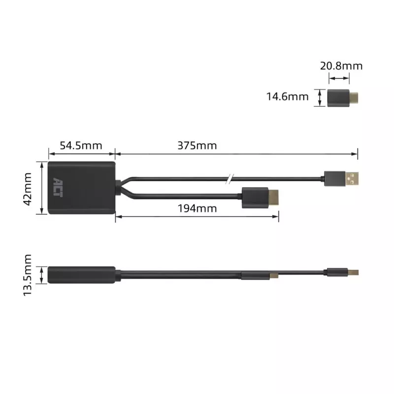 ACT HDMI USB USB-C emasesse adapterisse, 4K@60Hz. Kaabli pikkus: 0,25 m, Pistik 1: USB USB-C, Pistik 2: HDMI + USB. Kogus pakendis: 1 tk