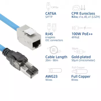 ACT Sinine 40 meetrit S/FTP CAT6A B2ca PoE++ 100W täisjuhtmeline valmis paigalduskaabel, RJ45 isane – emane