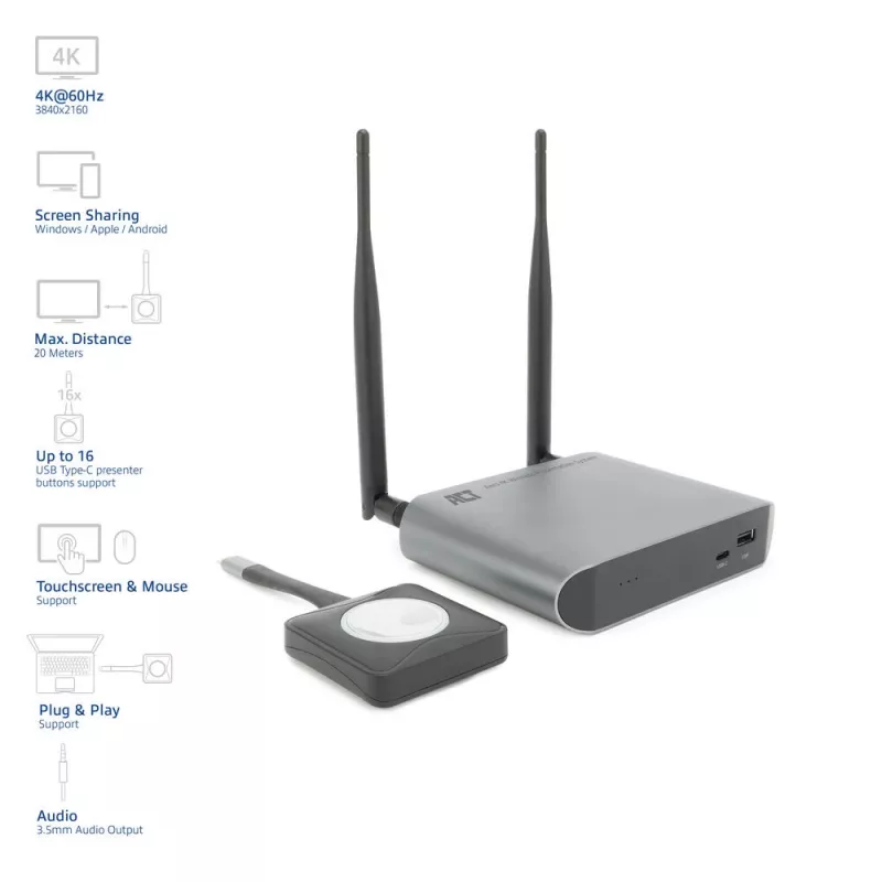 ACT Aero 4K Wireless Presentation System, Desktop, Must, Hall, 3840 x 2160, 2160p, USB USB-C, USB