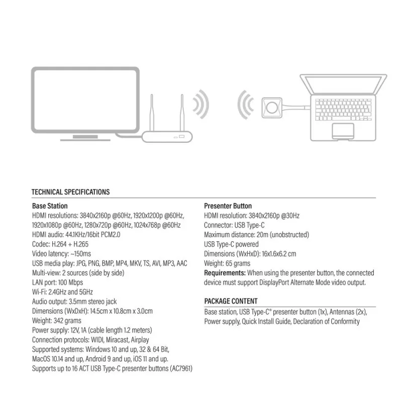 ACT Aero 4K Wireless Presentation System, Desktop, Must, Hall, 3840 x 2160, 2160p, USB USB-C, USB
