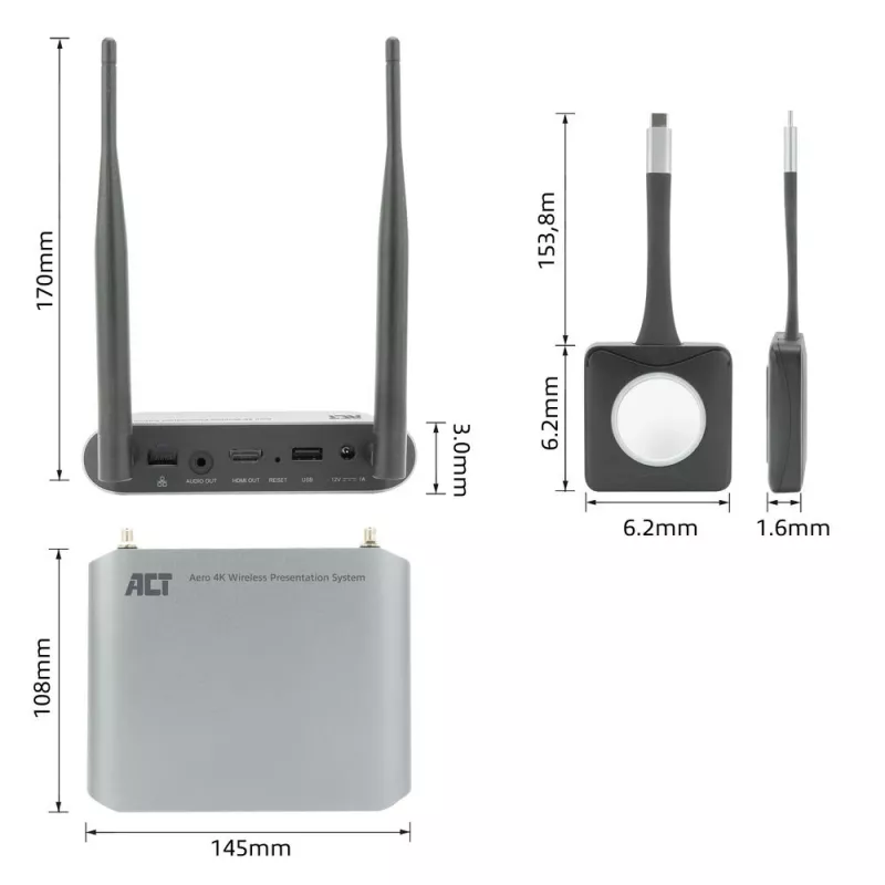 ACT Aero 4K Wireless Presentation System, Desktop, Must, Hall, 3840 x 2160, 2160p, USB USB-C, USB