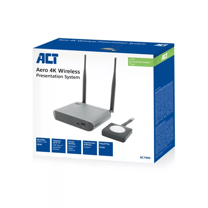 ACT Aero 4K Wireless Presentation System, Desktop, Must, Hall, 3840 x 2160, 2160p, USB USB-C, USB