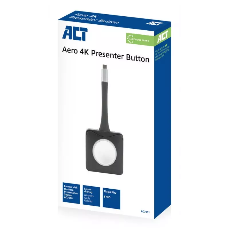 ACT Aero 4K esitlusnupp, nupukomplekt, must, 1 tk, 3840 x 2160, Aero 4K juhtmevaba esitlussüsteem, 0 - 40 °C