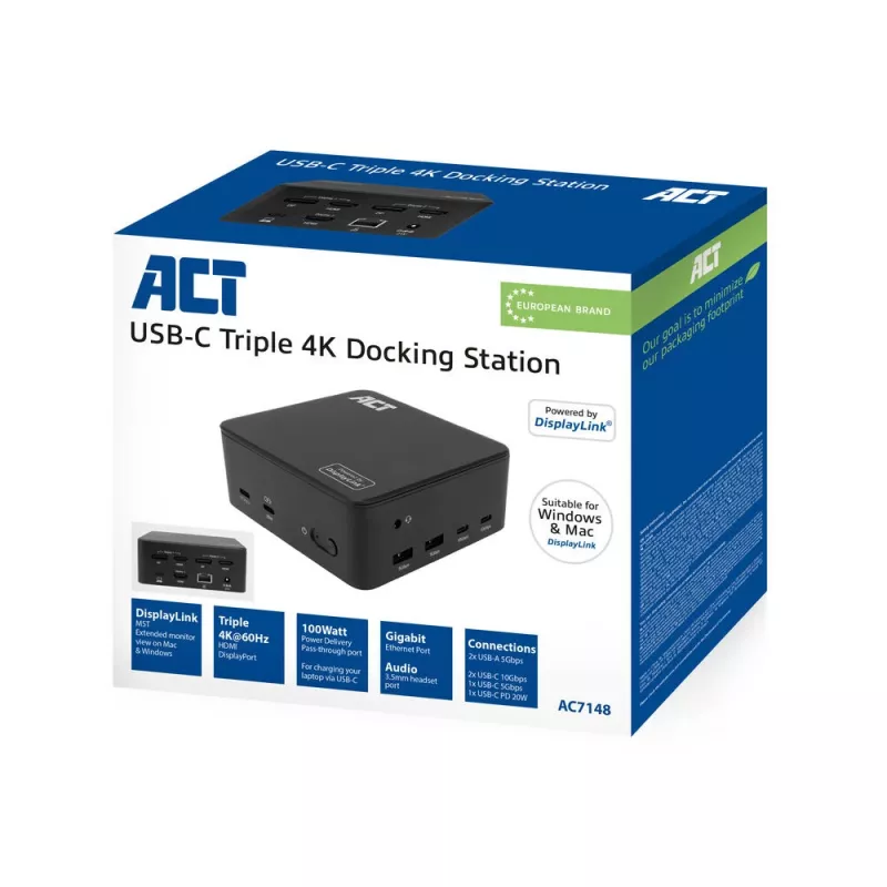 ACT universaalne USB-C dokkimisjaam 4K, 3 HDMI/DisplayPort monitori jaoks, DisplayLink