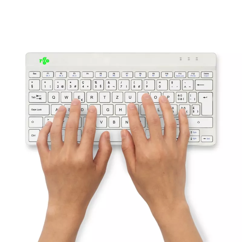 R-Go Tools ergonoomiline klaviatuur R-Go Compact Break, kompaktne klaviatuur pausitarkvaraga, QWERTZ (CH), Bluetooth, valge