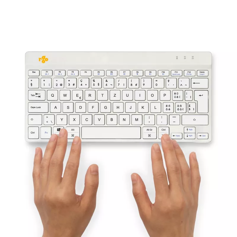 R-Go Tools ergonoomiline klaviatuur R-Go Compact Break, kompaktne klaviatuur pausitarkvaraga, QWERTZ (CH), Bluetooth, valge