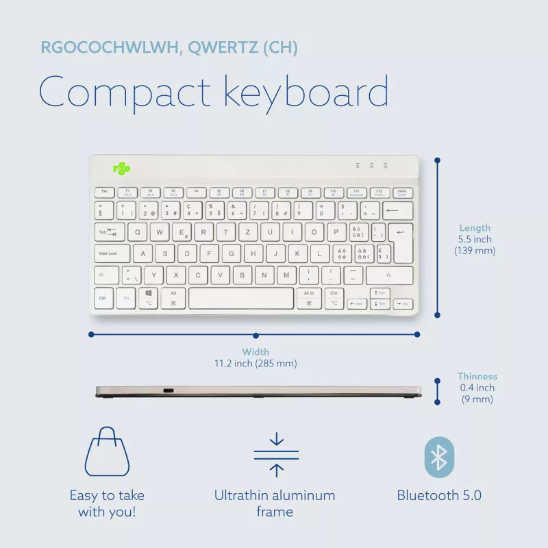 R-Go Tools ergonoomiline klaviatuur R-Go Compact Break, kompaktne klaviatuur pausitarkvaraga, QWERTZ (CH), Bluetooth, valge