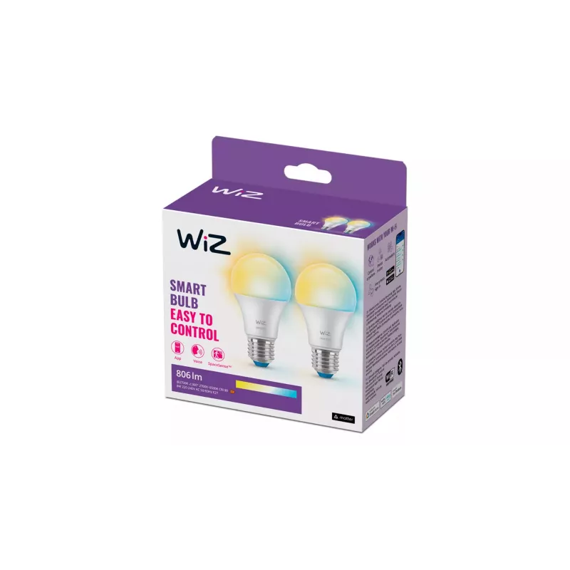 WiZ Bulb 60W A60 E27 x2, nutipirn, Wi-Fi/Bluetooth, valge, Wi-Fi 4 (802.11n), 802.11b, 802.11g, LED, E27