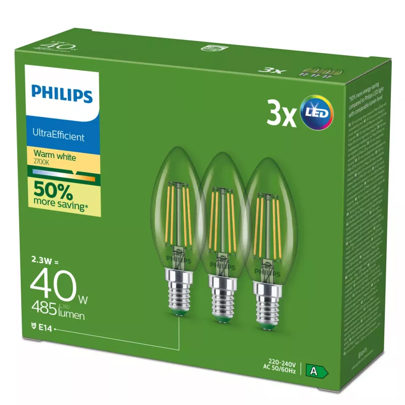 Philips Filament Candle Clear 40 W B35 E14 x3, 2,3 W, 40 W, E14, 485 lm, 50000 h, soe valge