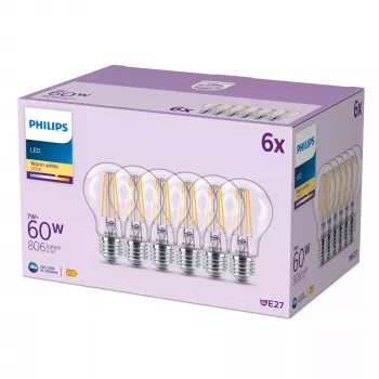 Philips Filament Bulb Clear 60 W A60 E27 x6, 7 W, 60 W, E27, 806 lm, 15000 h