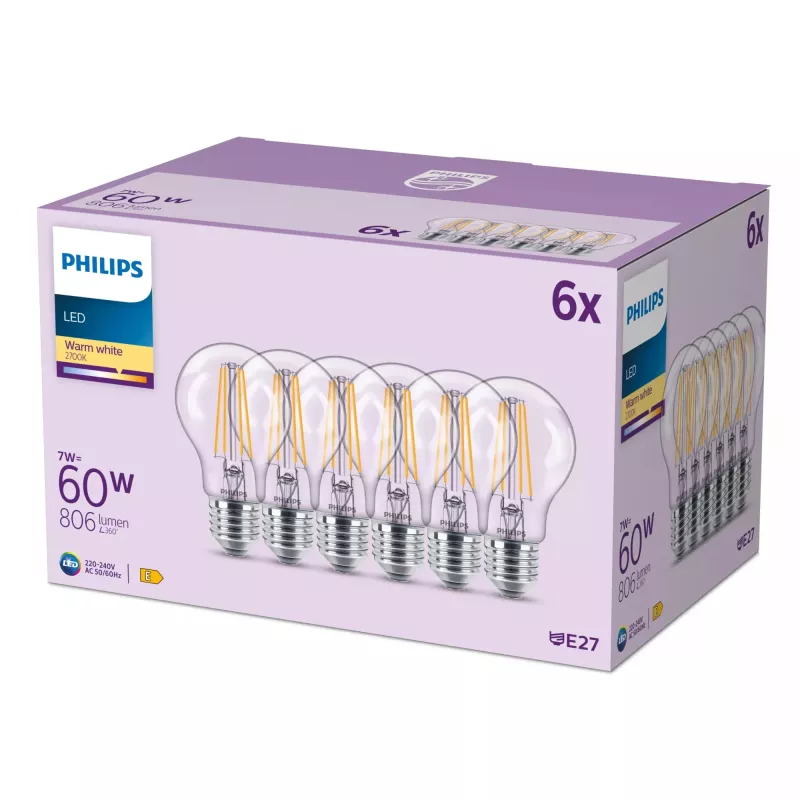 Philips Filament Bulb Clear 60 W A60 E27 x6, 7 W, 60 W, E27, 806 lm, 15000 h