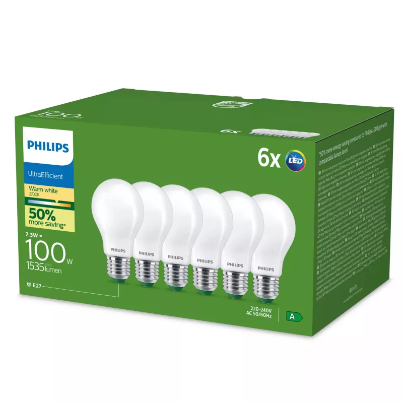 Philips ülienergiatõhus LED-lamp E27 A60, 7.3 W (100 W ekvivalent), 2700 K, 6-pakk