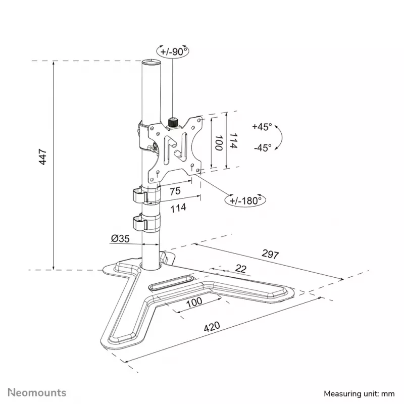 Neomounts DS45-600BL1 ühe monitori alus 10–32-tolliste ekraanide jaoks, VESA 75x75–100x100, max 9 kg, vabaltseisev, must