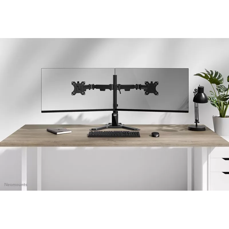Kahe monitori alus Neomounts DS45-600BL2 ekraanidele 10–32 tolli, toetab 2 kuvarit, max 6 kg, VESA 75x75–100x100, vabaltseisev, must