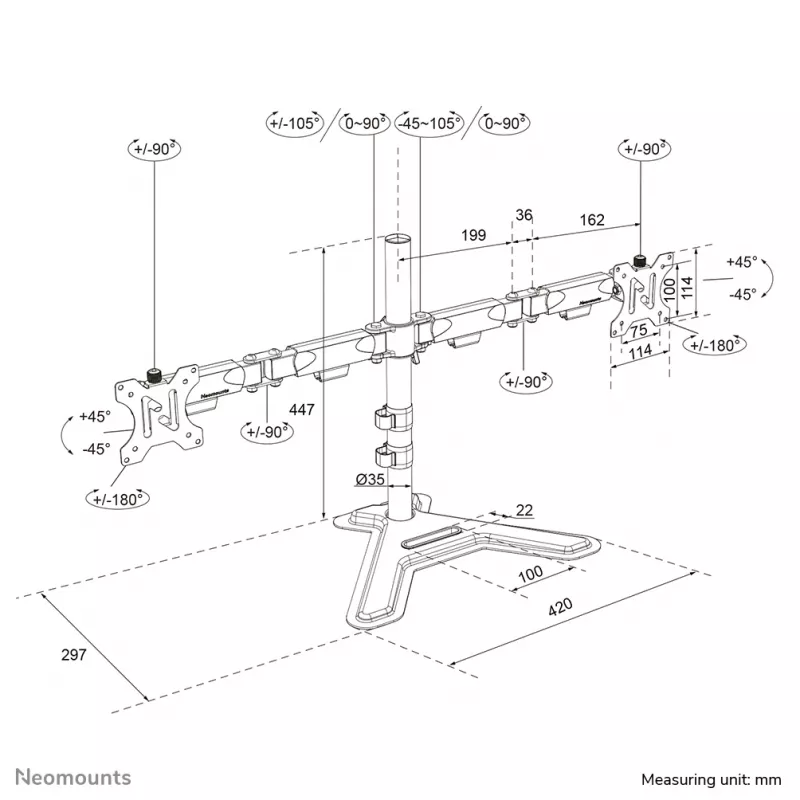 Kahe monitori alus Neomounts DS45-600BL2 ekraanidele 10–32 tolli, toetab 2 kuvarit, max 6 kg, VESA 75x75–100x100, vabaltseisev, must
