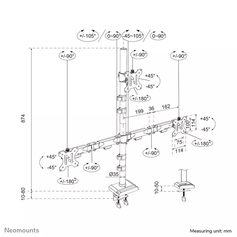 Neomounts DS60-600BL2-1 kolmekordne monitorihoidik 10-32 tolli, Klamber/Läbiviigukinnitus, 9 kg, 25.4 cm (10 tolli), 81.3 cm (32 tolli), 100 x 100 mm, Must
