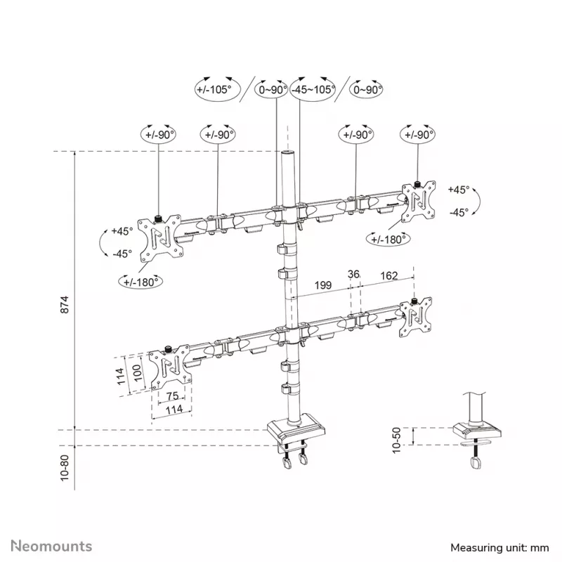 Neomounts DS60-600BL2-2 nelja monitori käsi 10–32-tollistele ekraanidele, VESA 75x75–100x100, maksimaalne koormus 8 kg, klamber/laualäbiviik, must