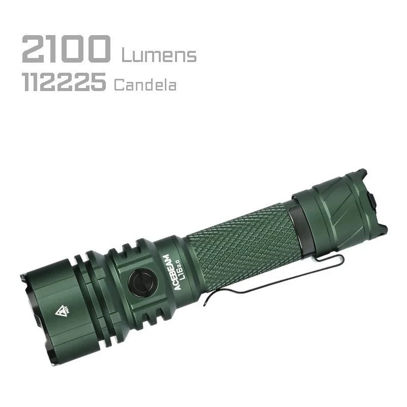 Käsitaskulamp AceBeam L16 2.0 roheline — laetav 21700 Li‑Ion, 5000 mAh, kuni 2100 lm, IP68, 7 väljundastet