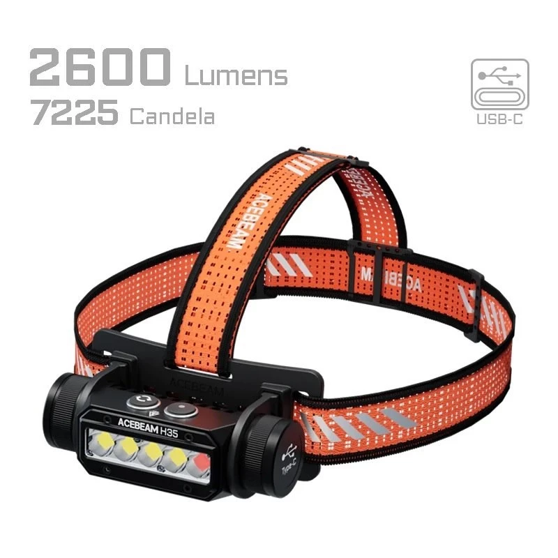 Peavõruga taskulamp AceBeam H35 — LED-pealamp, max 2600 lm, 170 m valgusvihk, IP68, 18650 3800 mAh, 216 h tööaeg