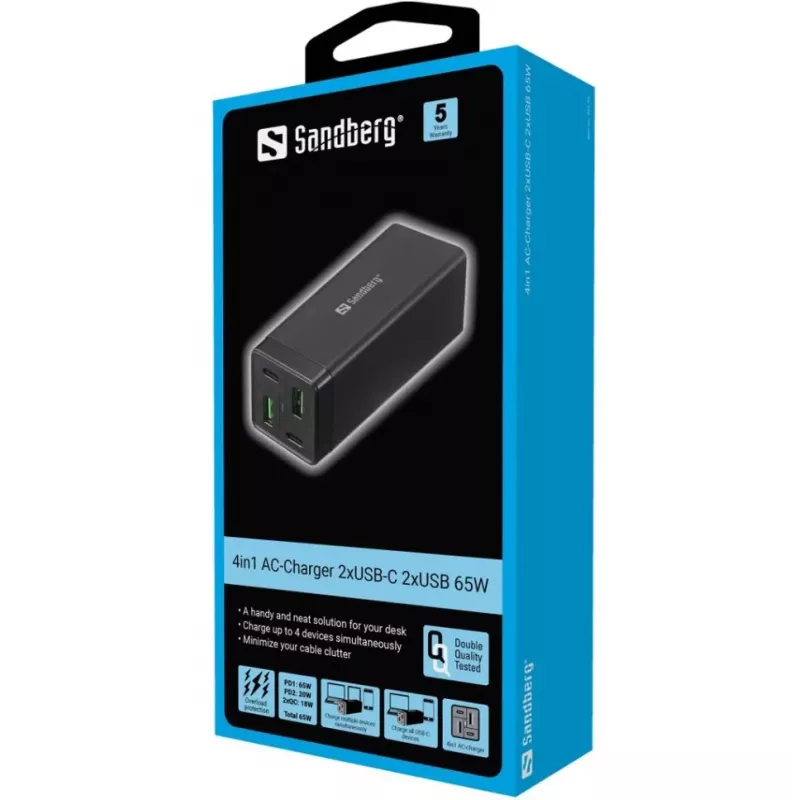 SANDBERG toiteplokk - 65 W - 3,25 A - PD, QC - 4 väljundporti (2 x USB, 2 x USB-C)