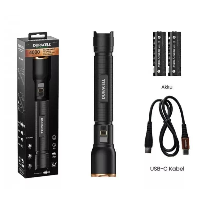 Taskulamp Duracell DF4000R must — käeshoitav laetav taskulamp, kompaktne disain