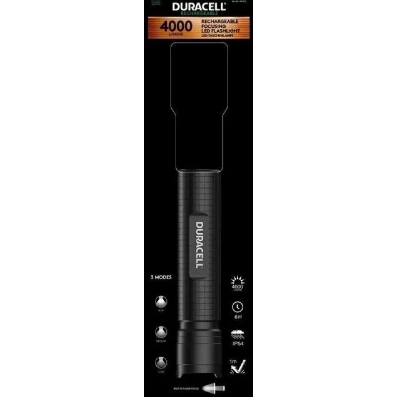 Taskulamp Duracell DF4000R must — käeshoitav laetav taskulamp, kompaktne disain