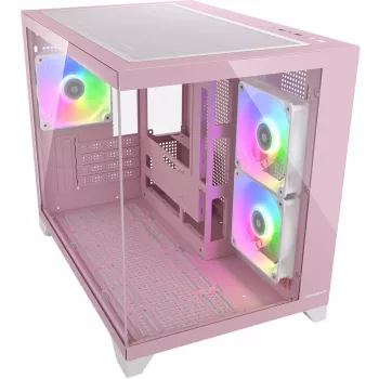 Mini Tower PC Case Cougar FV150 ARGB — roosa, toetab 2x 120/140 mm külgventilaatoreid, 1x 120 mm tagaventilaatorit, 2.5 tolli/3.5 tolli HDD, 285×435×365 mm