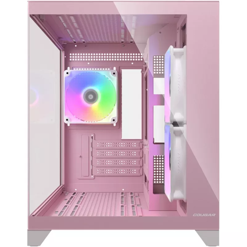 Mini Tower PC Case Cougar FV150 ARGB — roosa, toetab 2x 120/140 mm külgventilaatoreid, 1x 120 mm tagaventilaatorit, 2.5 tolli/3.5 tolli HDD, 285×435×365 mm