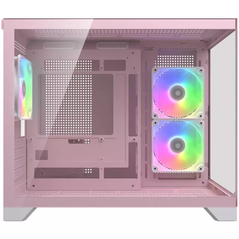 Mini Tower PC Case Cougar FV150 ARGB — roosa, toetab 2x 120/140 mm külgventilaatoreid, 1x 120 mm tagaventilaatorit, 2.5 tolli/3.5 tolli HDD, 285×435×365 mm