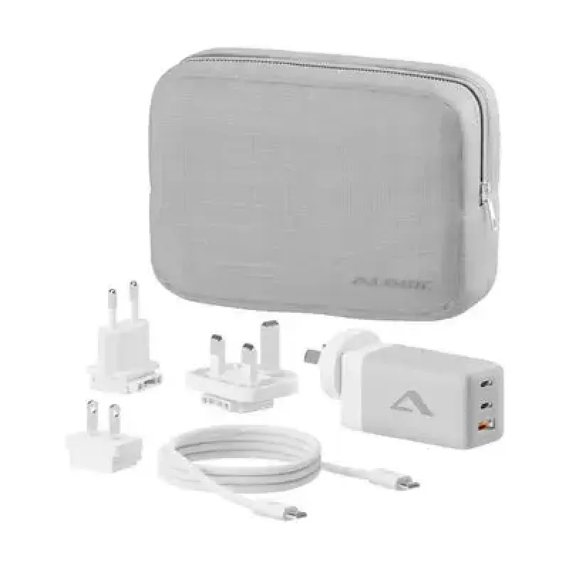 ALOGIC WCM3X67G sisetingimustes kasutatav vahelduvvoolulaadur nutitelefonile ja tahvelarvutile, 110–240 V, 2× USB-C, hall/valge