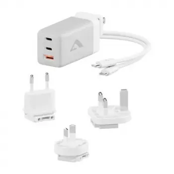 ALOGIC WCM3X67G sisetingimustes kasutatav vahelduvvoolulaadur nutitelefonile ja tahvelarvutile, 110–240 V, 2× USB-C, hall/valge