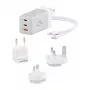 ALOGIC WCM3X67G sisetingimustes kasutatav vahelduvvoolulaadur nutitelefonile ja tahvelarvutile, 110–240 V, 2× USB-C, hall/valge