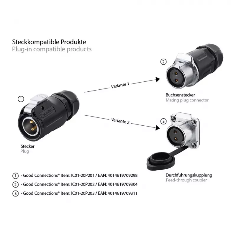 Juhtmepistik Alcasa IC01-20P202 S1 Toite 2-kontaktiline Must