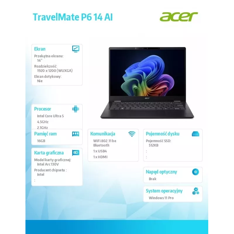 Acer TravelMate P6 14 AI TMP614-54T sülearvuti Intel Ultra 5, 16GB muutmälu, 512GB SSD, Windows 11 Pro, 226V akuga