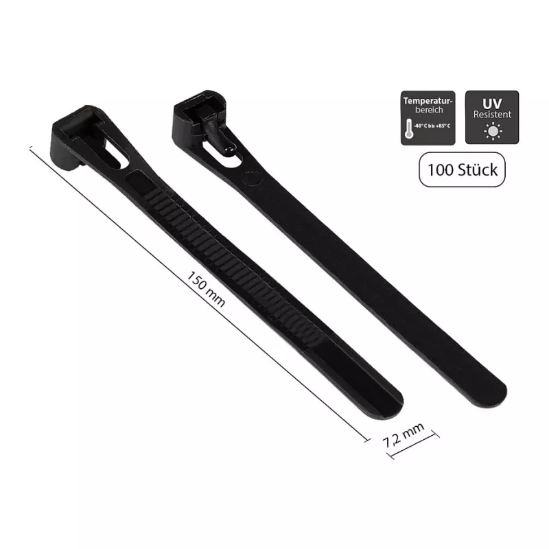 Wiederverwendbarer Kabelbinder 150 mm x 7,2 mm, schwarz, UV-resistent, -40 °C bis +85 °C, 100 Stück (KAB-R15S72)