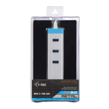 USB 3.0 jaotur Gigabit Ethernetiga ITEC U3GLAN3HUB — 3-pordiline metalljaotur, VIA VL812 + Realtek RTL8153, hõbedane