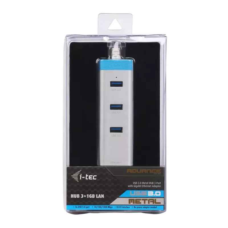 USB 3.0 jaotur Gigabit Ethernetiga ITEC U3GLAN3HUB — 3-pordiline metalljaotur, VIA VL812 + Realtek RTL8153, hõbedane
