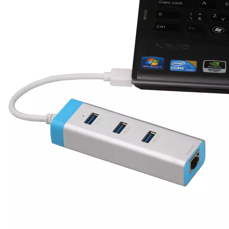 USB 3.0 jaotur Gigabit Ethernetiga ITEC U3GLAN3HUB — 3-pordiline metalljaotur, VIA VL812 + Realtek RTL8153, hõbedane