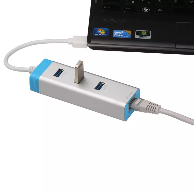 USB 3.0 jaotur Gigabit Ethernetiga ITEC U3GLAN3HUB — 3-pordiline metalljaotur, VIA VL812 + Realtek RTL8153, hõbedane