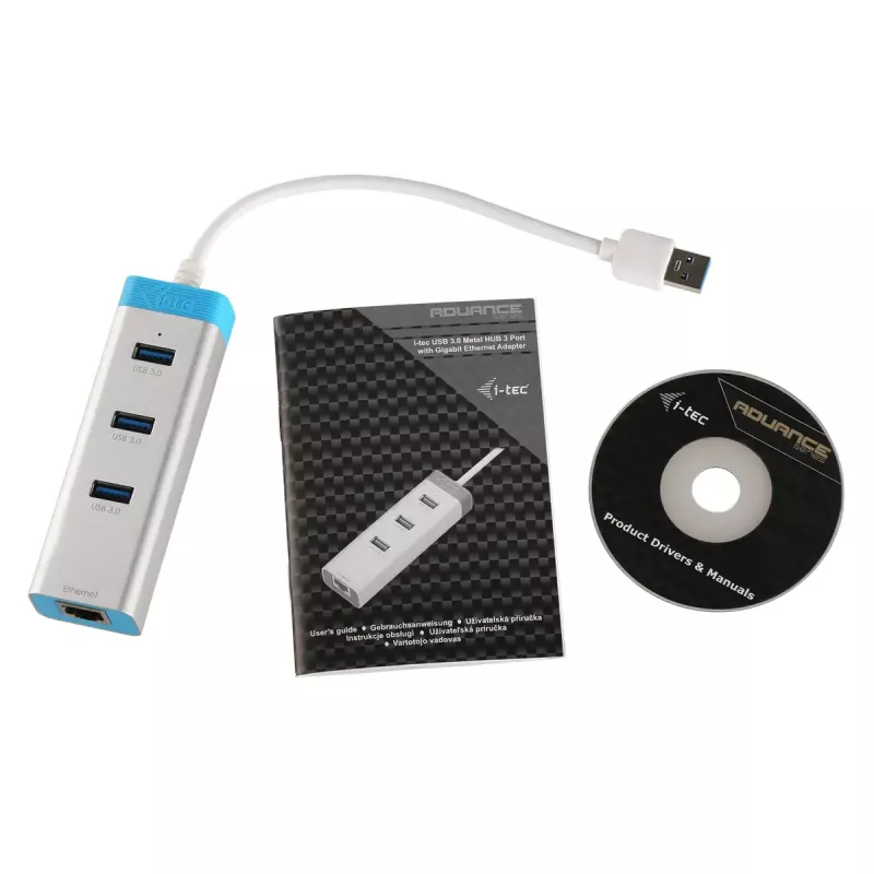 USB 3.0 jaotur Gigabit Ethernetiga ITEC U3GLAN3HUB — 3-pordiline metalljaotur, VIA VL812 + Realtek RTL8153, hõbedane
