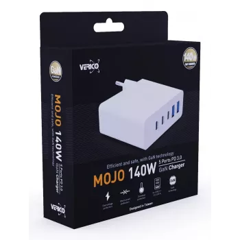 Verico MOJO GaN 140W mitme pordiga USB-C ja USB-A kiirlaadija sülearvutitele, nutitelefonidele ja tahvelarvutitele, valge