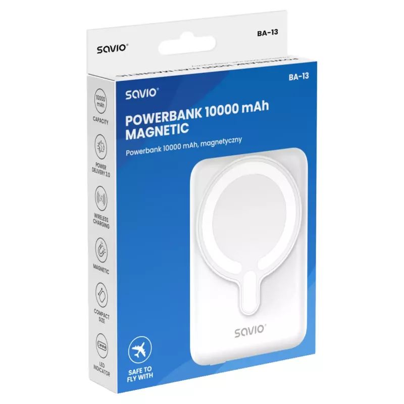 Akupank SAVIO BA-13 10000 mAh, 20 W väljundi ja juhtmeta laadimisega, valge