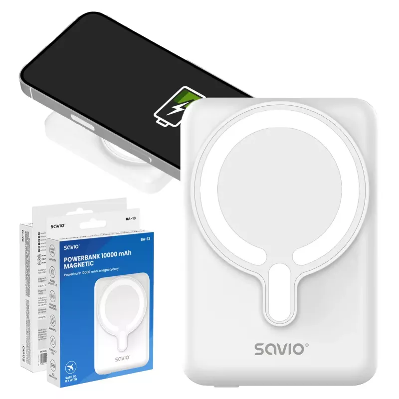 Akupank SAVIO BA-13 10000 mAh, 20 W väljundi ja juhtmeta laadimisega, valge