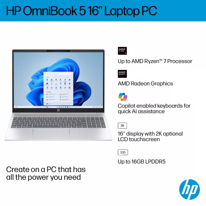 HP OmniBook 5 16-bc1002na AMD Ryzen™ 5 8540U sülearvuti 40,6 cm (16-tolline) puuteekraan 2K 8 GB LPDDR5-SDRAM 512 GB SSD Wi-Fi 6 (802.11ax) Windows 11 Home hõbedane