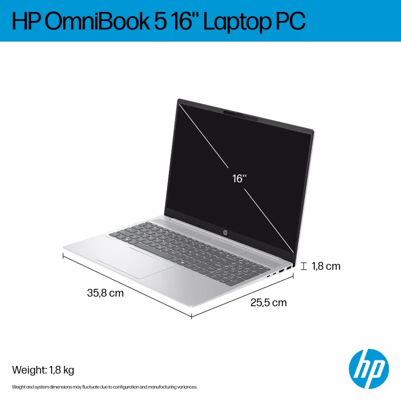 HP OmniBook 5 16-bc1002na AMD Ryzen™ 5 8540U sülearvuti 40,6 cm (16-tolline) puuteekraan 2K 8 GB LPDDR5-SDRAM 512 GB SSD Wi-Fi 6 (802.11ax) Windows 11 Home hõbedane