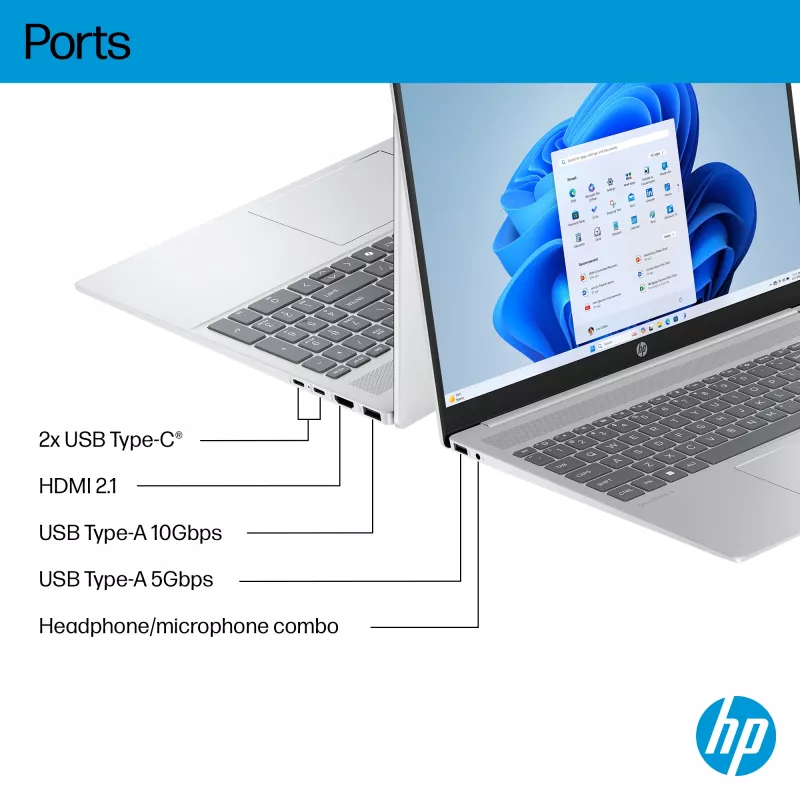 HP OmniBook 5 16-ba1004na Intel® Core™ i5 i5-1334U sülearvuti 40,6 cm (16-tolline) 2K 16 GB LPDDR5x-SDRAM 512 GB SSD Wi-Fi 6 (802.11ax) Windows 11 Home Hõbedane
