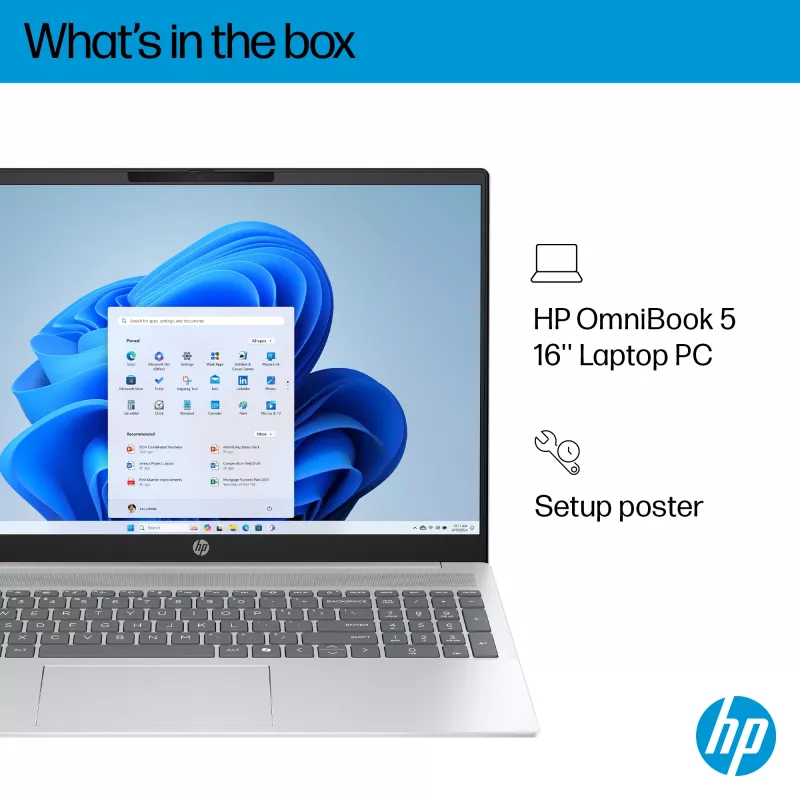 HP OmniBook 5 16-ba1004na Intel® Core™ i5 i5-1334U sülearvuti 40,6 cm (16-tolline) 2K 16 GB LPDDR5x-SDRAM 512 GB SSD Wi-Fi 6 (802.11ax) Windows 11 Home Hõbedane